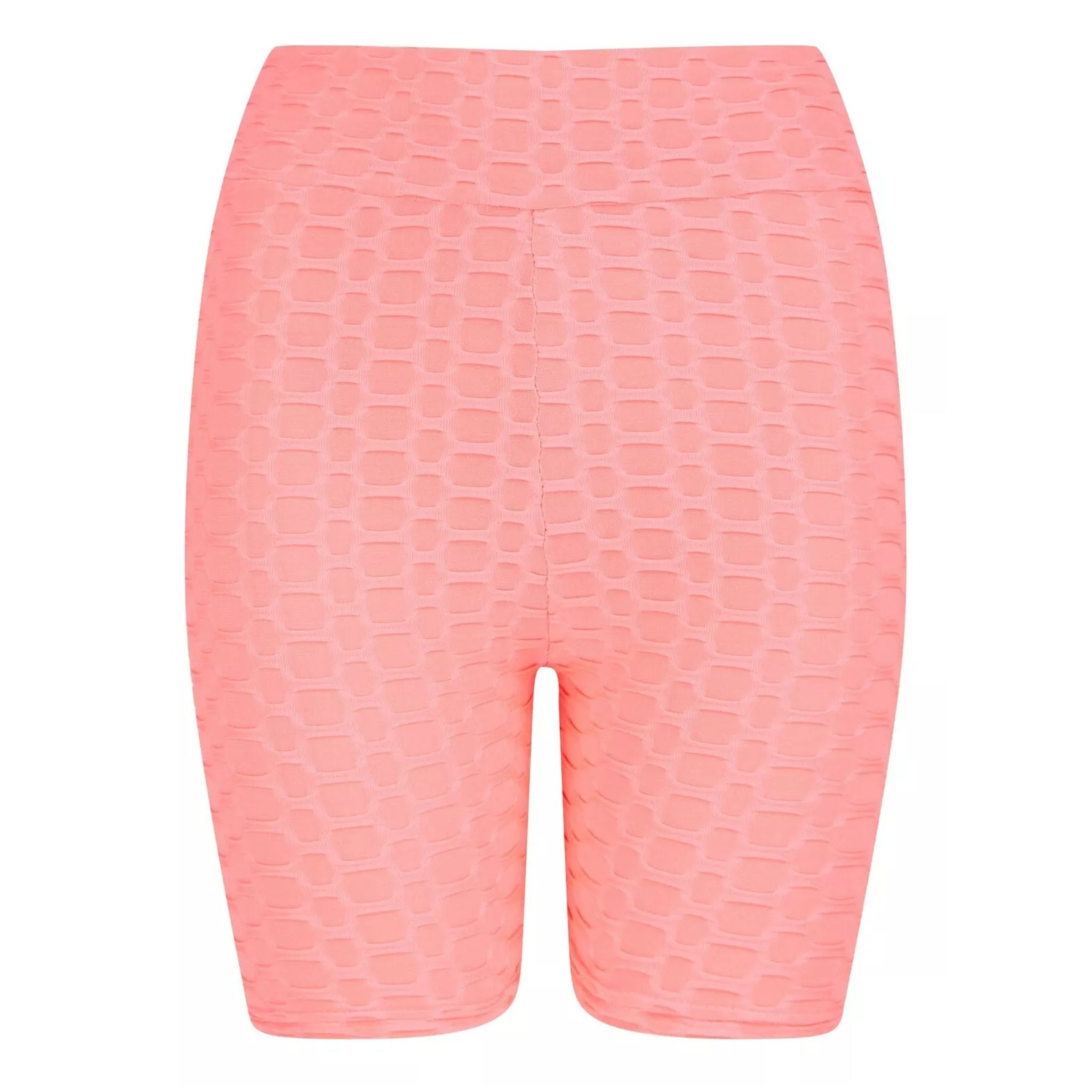 Ladies' high-waisted pink TikTok shorts with textured ruched design – figure-hugging slimming gym and workout shorts